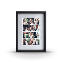 A wooden frame with a glass front, displaying 12 portrait images, with a window mat opening to reveal the photos inside.