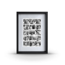 A wooden frame with a glass front, displaying 15 square images, with a window mat opening to reveal the photos inside.
