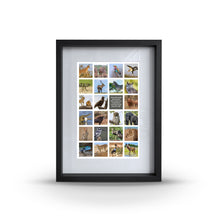 A wooden frame with a glass front, displaying 24 square images, with a window mat opening to reveal the photos inside.