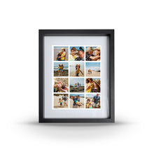 A wooden frame with a glass front, displaying 12 square images, with a window mat opening to reveal the photos inside.