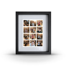 A small wooden frame with a collection of square Instagram-style pictures displayed within.