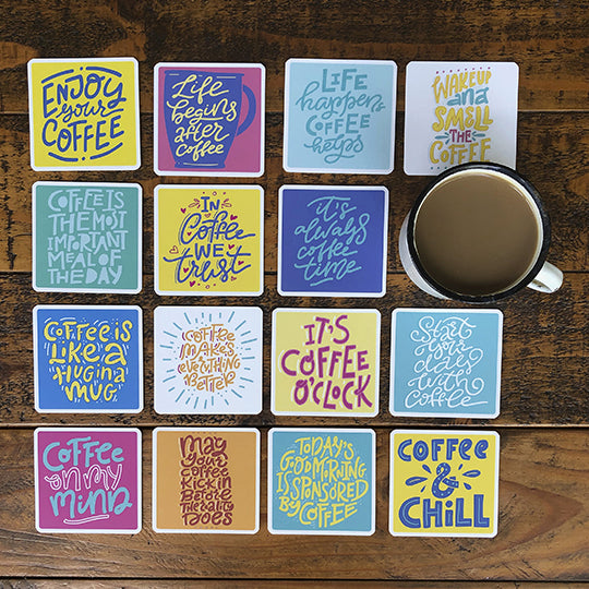 Set of 15 Coffee Quote Coasters. Quality Printed and Laminated